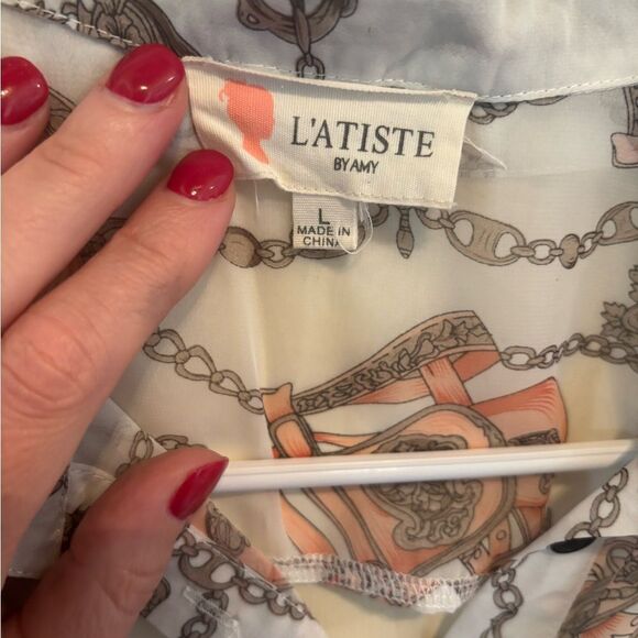 L'ATISTE White and Pink Casual Button Down Shirt - Picture 5 of 7